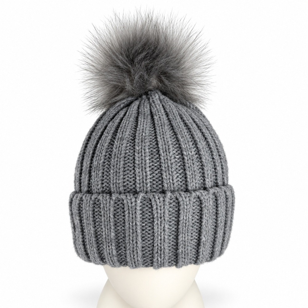 Tabitha Webb One Size Beanie Gray Ribbed Knit Faux Fur Pom Pom Winter Hat Cuffed